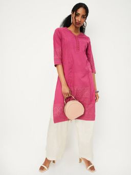 max - Women Pink Cambric Textured Straight Kurta