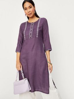 max - Women Purple Rayon Blend Embroidered Straight Kurta