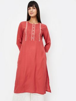 max - Women Rust Rayon Blend Embroidered Straight Kurta