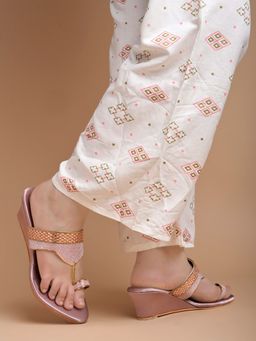 Shoetopia - Embellished Ethnic Rose-Gold Wedges Heels