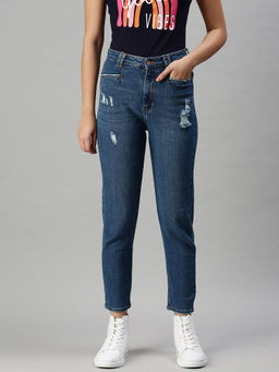 SHOWOFFFF - Women's Casual Mom Fit High-rise Blue Jeans