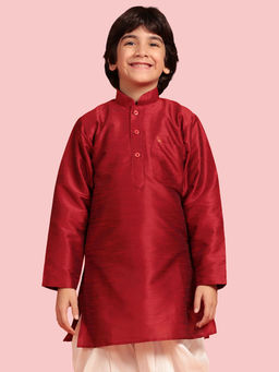AJ Dezines - Kids Silk Blend Solid Plain Kurta For Boys - Maroon