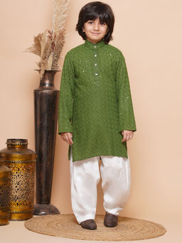 AJ Dezines - Kids Cotton Embroidered Sequined Kurta For Boys - Green