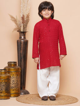 AJ Dezines - Kids Cotton Embroidered Sequined Kurta For Boys - Red