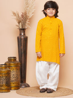 AJ Dezines - Kids Cotton Embroidered Sequined Kurta For Boys - Yellow