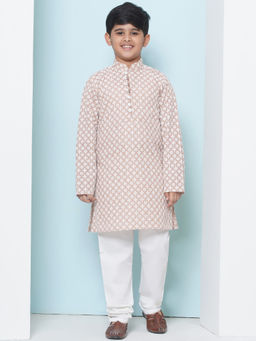 AJ Dezines - Kids Cotton Embroidered Peach Kurta With Pyjama For Boys (Set of 2)