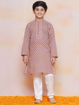 AJ Dezines - Cotton Floral Full Sleeve Beige Kurta & Pyjama (Set of 2)