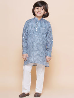 AJ Dezines - Cotton Printed Blue Kurta & Pyjama (Set of 2)