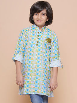 AJ Dezines - Kids Blue Cotton Blend Printed Kurta For Boys