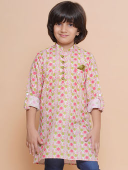 AJ Dezines - Kids Pink Cotton Blend Printed Kurta For Boys