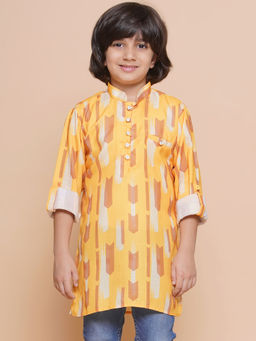 AJ Dezines - Kids Yellow Cotton Blend Printed Kurta For Boys