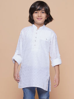 AJ Dezines - Kids White Cotton Blend Embroidered Kurta For Boys
