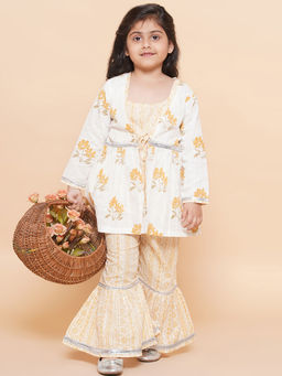 AJ Dezines - Kids Yellow Cotton Kurta & Sharara With Shrug For Girls (Set of 3)