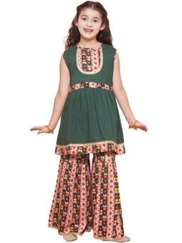 AJ Dezines - Cotton Printed Green Sleeveless Kurta With Sharara For Girls (Set of 2)
