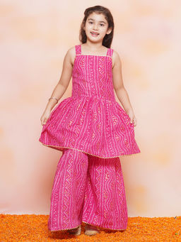 AJ Dezines - Kids Cotton Bandhani A-Line Pink Kurta With Sharara For Girls (Set of 2)