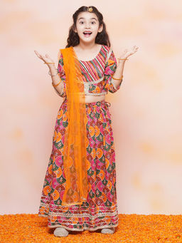 AJ Dezines - Kids Cotton Orange Lehenga With Choli & Dupatta For Girls (Set of 3)