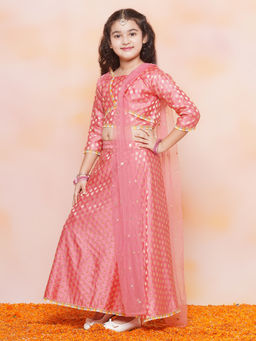 AJ Dezines - Kids Jacquard Brasso Pink Lehenga With Choli & Dupatta (Set of 3)