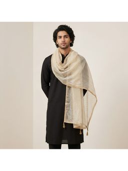 MUFFLY - Cream Embellished Twill Net with Bead Work and Lace Border Dupatta