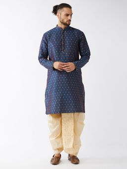 Vastramay - Mens Blue & Gold Silk Blend Kurta with Dhoti (Set of 2)