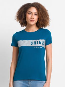 Spykar - Teal Blue Cotton Blend Half Sleeve Printed Casual T-shirt For Women