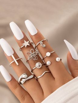 Jewels Galaxy - Women Set of 9 Silver Plated Adjustable Hug-Floral Finger Ring