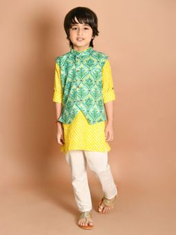 Lil Pitaara - Boys Pure Cotton Kurta With Jacket And Pajama Yellow (Set of 3)