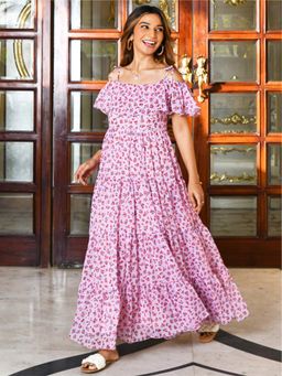 Lavanya The Label - Pink Floral Printed Off Shoulder Dress