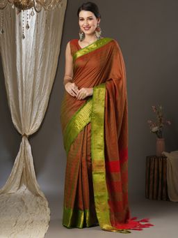Akhilam - Womens Aura Silk Rust Woven Designer Saree with Unstitched Blouse