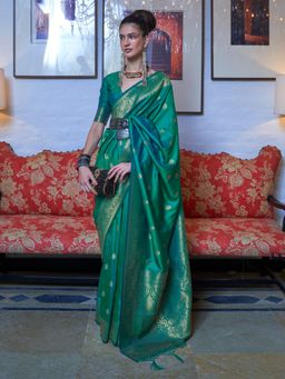 Akhilam - Womens Silk Blend Sea Green Woven Designer Saree with Unstitched Blouse