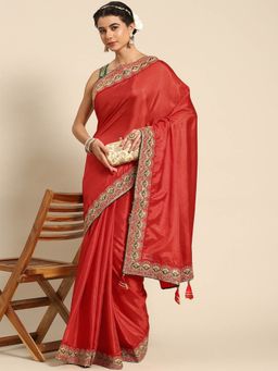 Odette - Red Silk Solid Saree with Unstitched Blouse