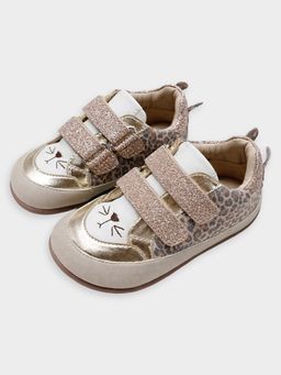 Mi Arcus - Girls Gold & Glitter Cat Face Design Walking Shoes