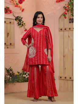 Scakhi - Red Mulmul Gota Work Kurti with Sharara & Dupatta (Set of 3)
