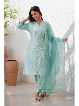 Biba - Blue Women Silk Blend Straight Embellished Kurta with Pant & Dupatta (Set of 3)