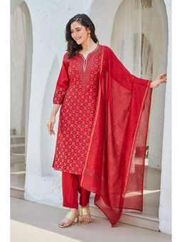 Biba - Red Women Silk Blend Straight Embellished Kurta with Pant & Dupatta (Set of 3)