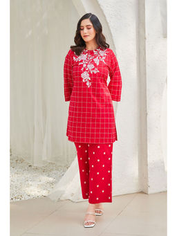 Biba - Women Cotton Straight Checks Kurta with Palazzo (Set of 2)