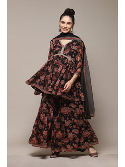 Biba - Black Polyester Flared Kurti with Sharara & Dupatta (Set of 3)