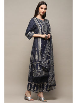 Biba - Indigo Cotton Straight Kurta with Palazzo & Dupatta (Set of 3)