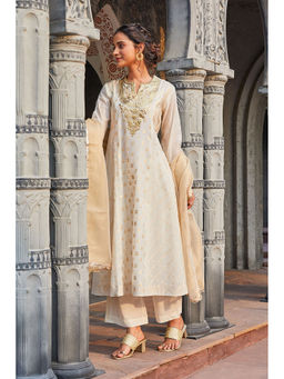 Biba - Women Cotton Blend Straight Woven Kurta with Palazzo & Dupatta (Set of 3)