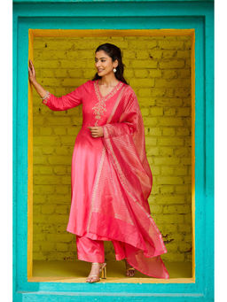 Biba - Fuchsia Rayon Straight Kurta with Pant & Dupatta (Set of 3)