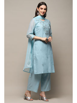 Biba - Powder Blue Polyester Straight Kurta with Palazzo & Dupatta (Set of 3)