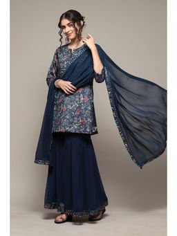 Biba - Teal Polyester Straight Kurti with Sharara & Dupatta (Set of 3)