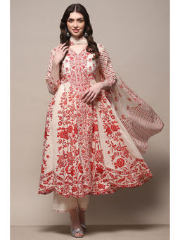 Biba - Off White Red Cotton Anarkali Kurta with Palazzo & Dupatta (Set of 3)