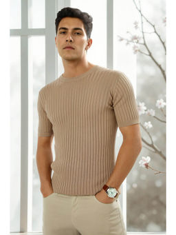 Louis Philippe - Men Beige Solid Crew Neck T-Shirt