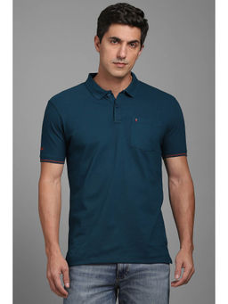 Louis Philippe - Men Teal Solid Polo Neck T-Shirt