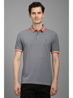 Louis Philippe - Men Grey Solid Polo Neck T-Shirt