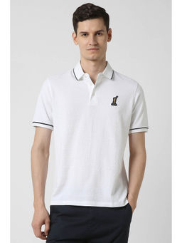 Peter England - Men White Textured Polo Neck T-Shirt