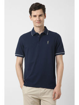 Peter England - Men Navy Blue Textured Polo Neck T-Shirt