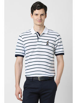 Peter England - Men White Stripes Polo Neck T-Shirt