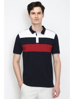 Peter England - Men Navy Blue Colorblock Polo Neck T-Shirt