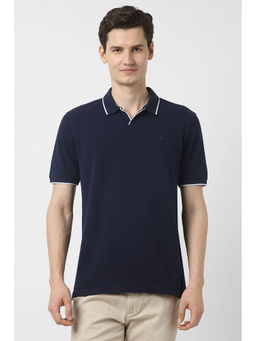 Peter England - Men Navy Blue Solid Polo Neck T-Shirt